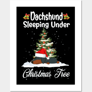 Dachshund Sleeping Under Christmas Tree Funny Xmas Posters and Art